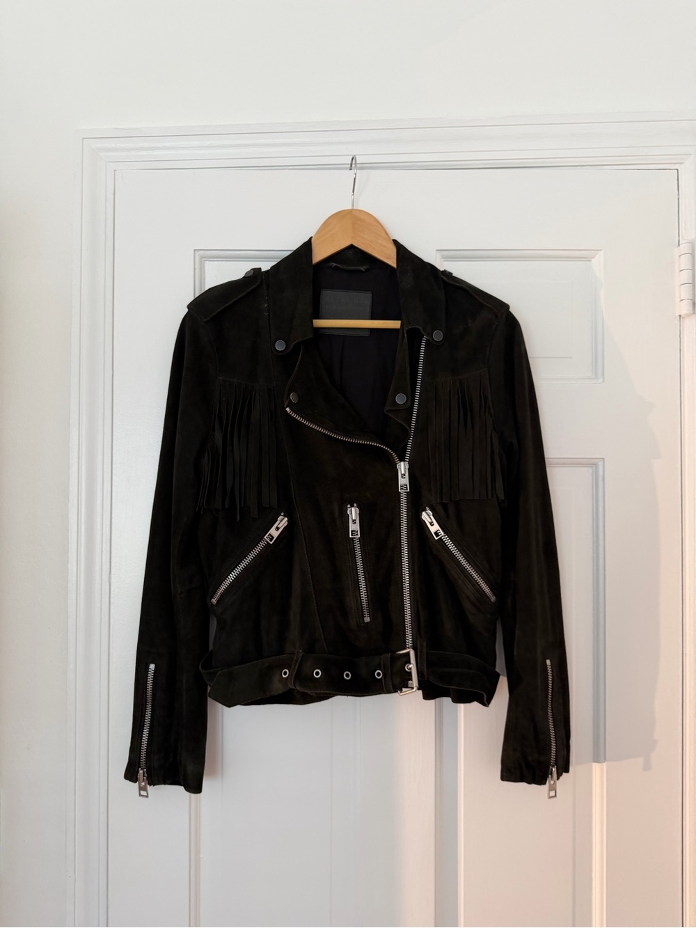 AllSaints Limited Edition Suede Fringe Biker Jacket – Black